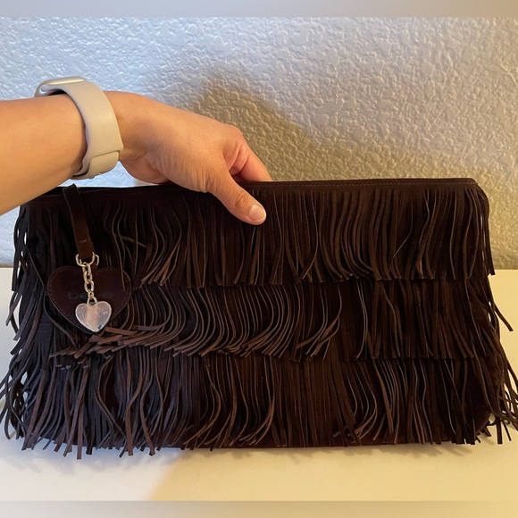 bebe Dark Brown Fringe Clutch with Heart Tags - Picture 2 of 9